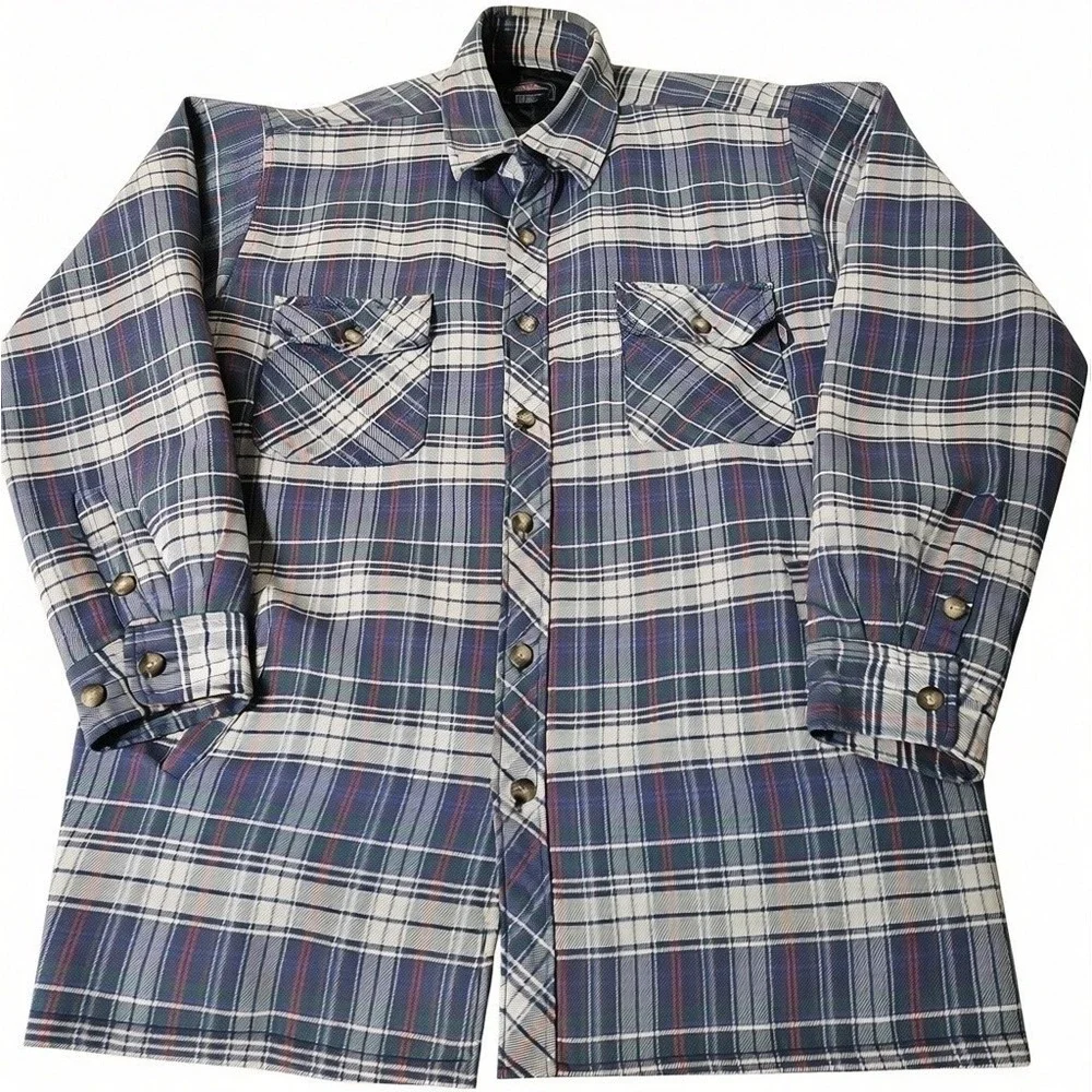 VTG Big Yank Flannel Shirt Jacket Mens XL Blue Plaid Quilt Button Chore Shacket